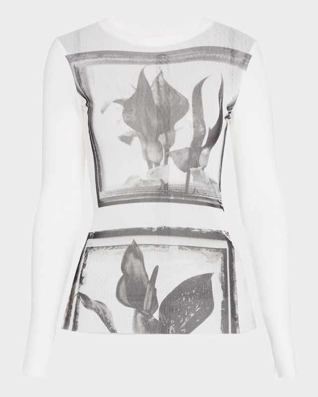 Mixed-Media Printed Mesh Long-Sleeve Top